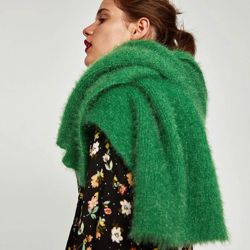 

A New Plush Scarf for Autumn and Winter 2019. Classic Pure Green Knitting Shawl, Warm and Fashionable Scarf