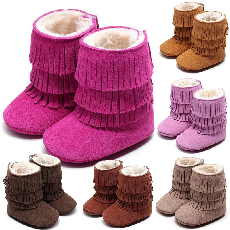 Замшевые ботинки для маленьких девочек обувь новорожденного с меховой бахромой теплые мягкие носки на осень и зиму плюшевые ботиночки