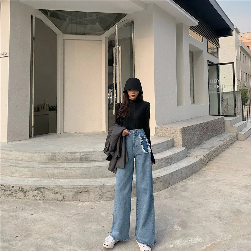 Pengpious fashion new winter cotton jeans high waist wide hem women denim pants