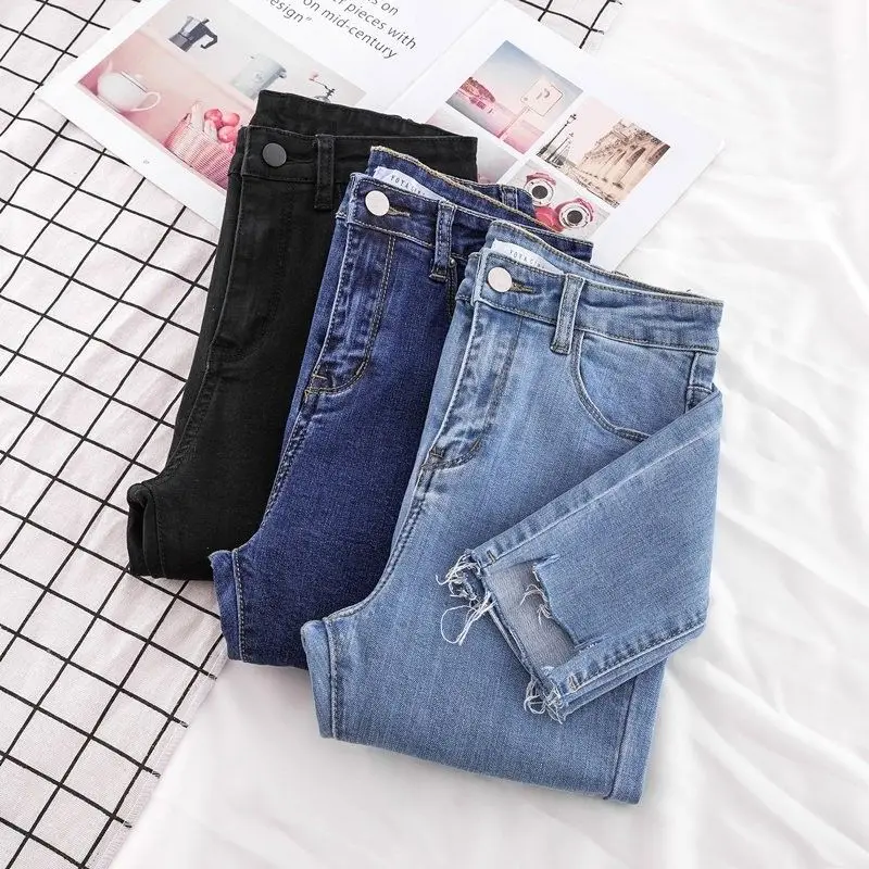Обтягивающие джинсы-карандаш размера плюс, женские Стрейчевые рваные синие брюки с высокой талией, женские джинсовые штаны, повседневные облегающие джинсы длиной до щиколотки