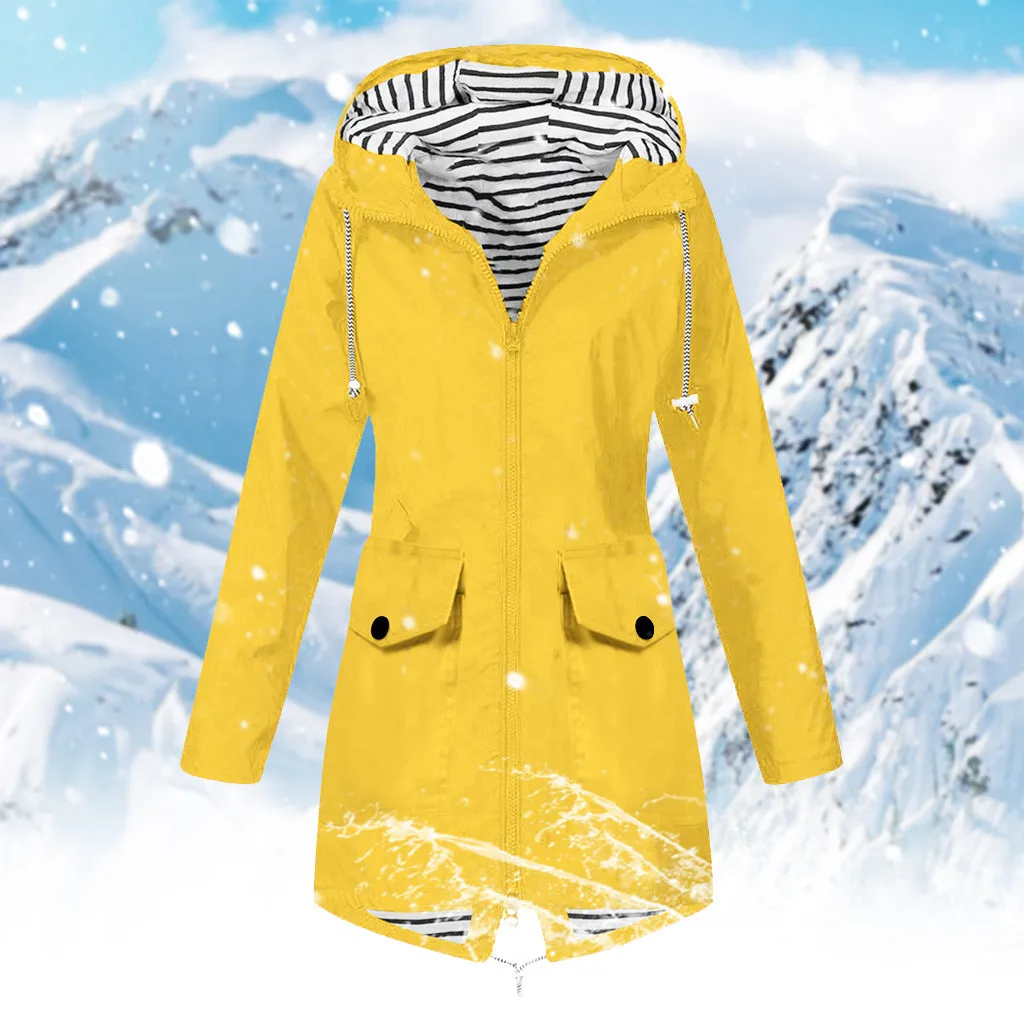 Женские куртки с капюшоном, теплые широкие женские куртки, одноцветные дождевые куртки для улицы, водонепроницаемый плащ с капюшоном, ветровка, большой размер#3 - Цвет: Цвет: желтый