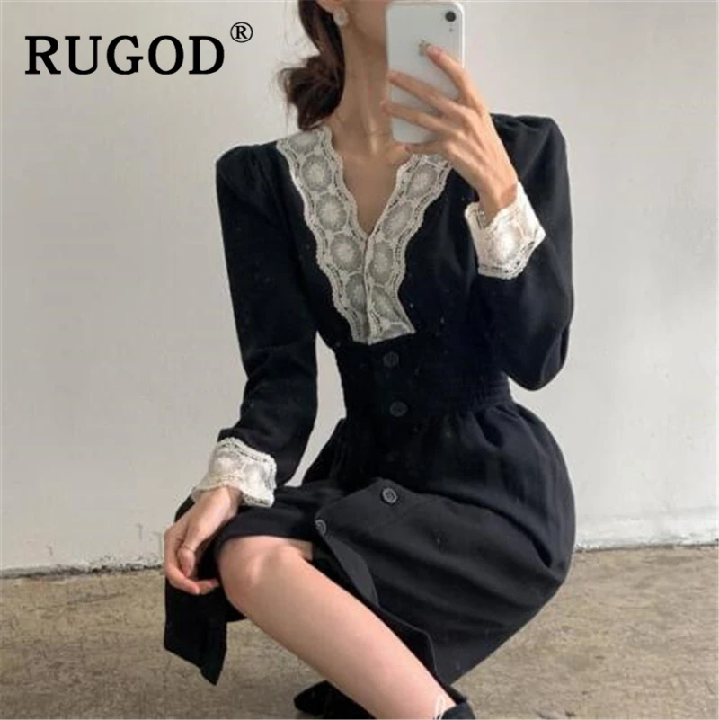 RUGOD винтажное кружевное лоскутное женское платье модное v-образный вырез однобортное ТРАПЕЦИЕВИДНОЕ длинное платье элегантное платье Осень-Зима vestidos