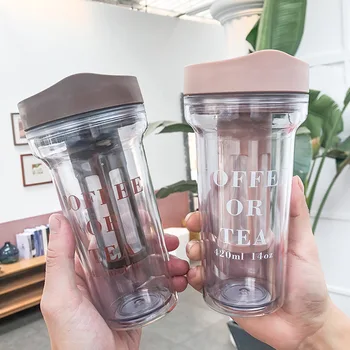 

Korea Simple Double Plastic Coffee Cup with Tea Infuser 420ml Large Capacity Office Drinking Teacup Outdoor Hiking Portable Mugs