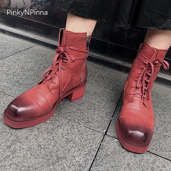 

winter zipper platform genuine cow leather sewing patch ankle boots women lace up square toe chunky heels western shoes female