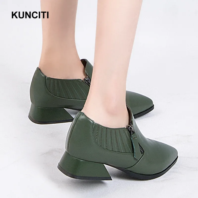 KUNCITI Women's Basic Pumps Pointed Toe Ladies Casual Shoes Retro Vintage Western Comfortable Pumps Zipper Up Med Heels Newest