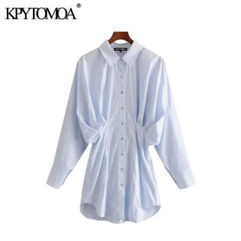 

KPYTOMOA Women 2020 Fashion Pleated Solid Blouses Vintage Lapel Collar Long Sleeve Female Shirts Blusas Chic Tops