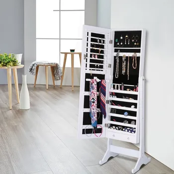 

4 Angle Adjustable Lockable Jewelry Cabinet Standing Jewelry Armoire Organizer with Mirror Full Length Standing Storage