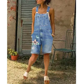 

Newest Women Jeans Rompers Hotselling Floral Printed Overall Denim Cropped shorts