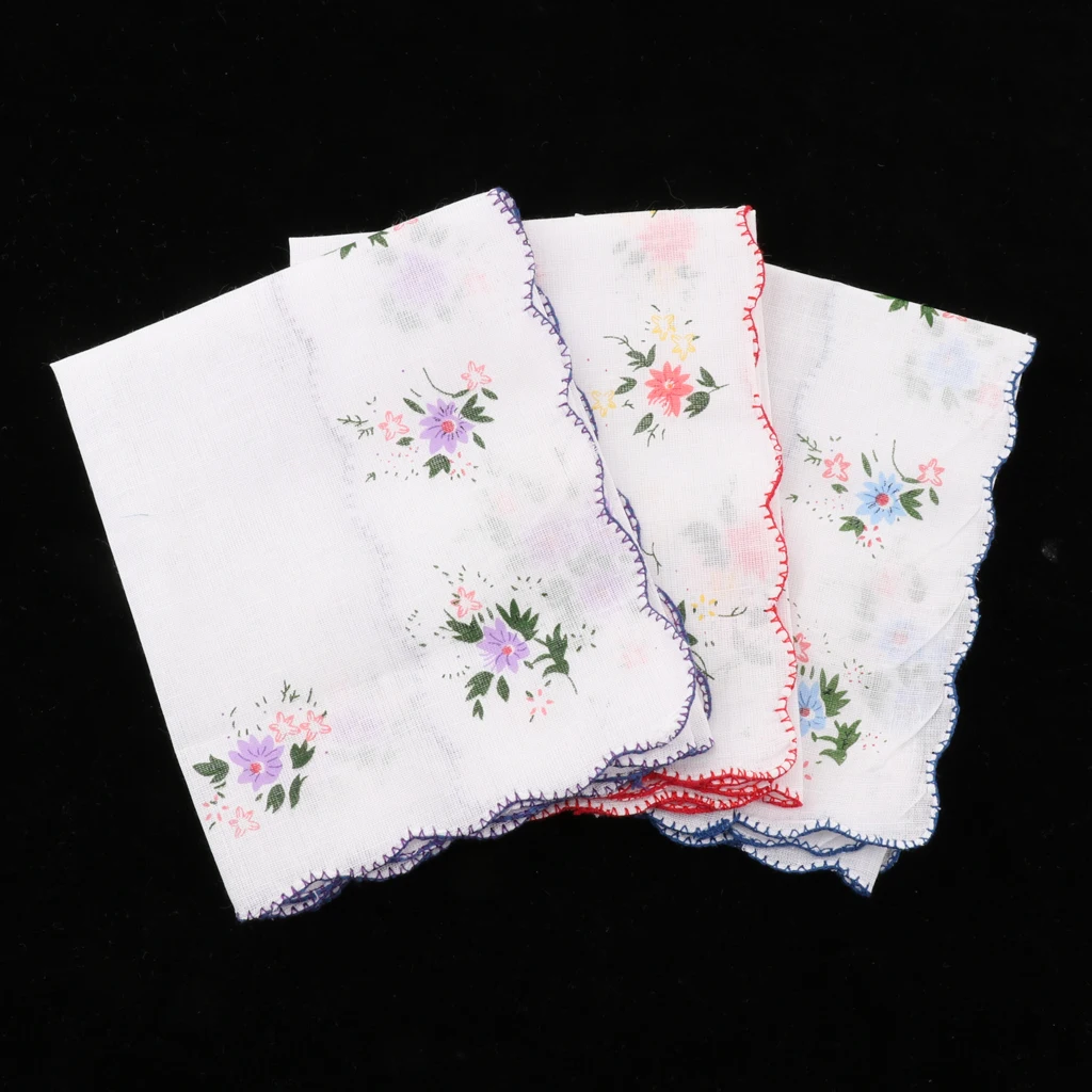 3 Pack Flower Embroidered Handkerchief Women 100% Cotton Square Pocket Hanky Girls Cute Wavy Edge Kerchiefs Hankie