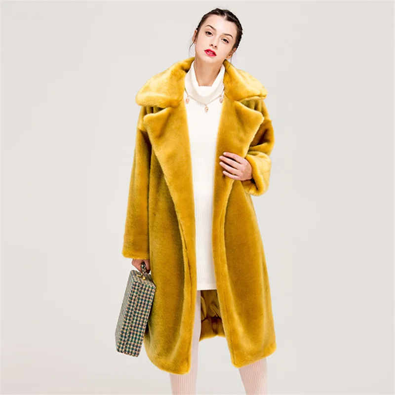 Зимнее высококачественное пальто из искусственного кроличьего меха, роскошное длинное меховое пальто для женщин, Свободное пальто с отворотом, толстое теплое женское плюшевое пальто