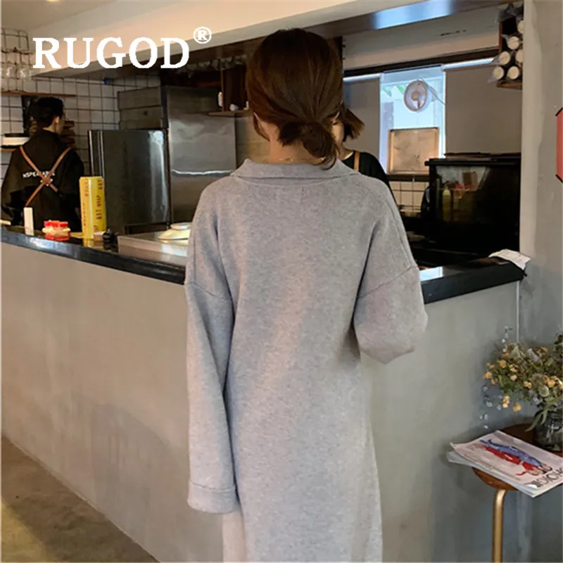 RUGOD Новое корейское стильное вязаное платье-свитер свободное сборное приталенное платье для женщин однотонное платье элегантный длинный свитер с v-образным вырезом на пуговицах