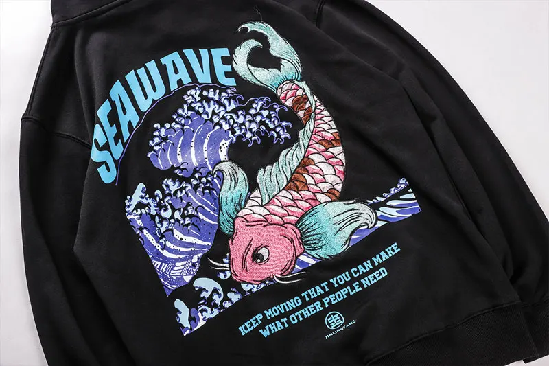 Красочные Koi Fish китайские худи с вышивкой толстовка хип хоп Мужская Harajuku уличная Толстовка Модный пуловер уличная топы