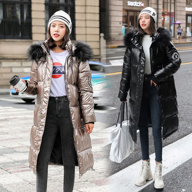 Goede Vrouwen Lange Afneembare Bontkraag Glossy Hooded Oversized Winter Down Jas Student Dikke Warme Jas Katoen Gewatteerde Gewatteerd Parka