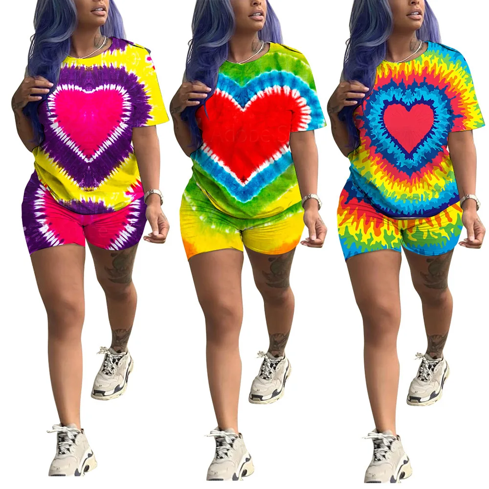 

2019 Summer Short Sleeve Love Pattern Print T Shirt Top Shorts Sweet Suit 2 Two Piece Set Casual Cute Women Sporting Pink Outfit