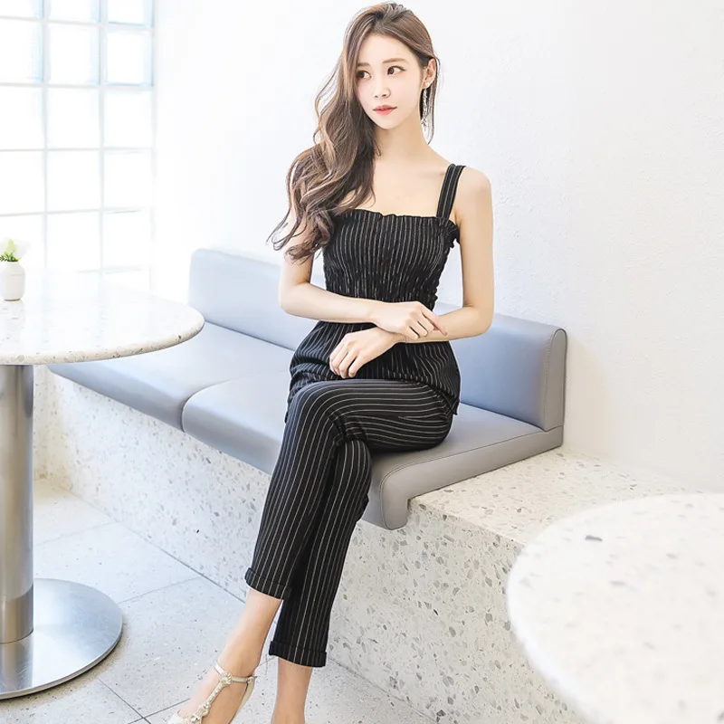 

2019 Summer New Style WOMEN'S Dress High-waisted Suspender Strap Loose Pants Set Loose-Fit Stripes Camisole