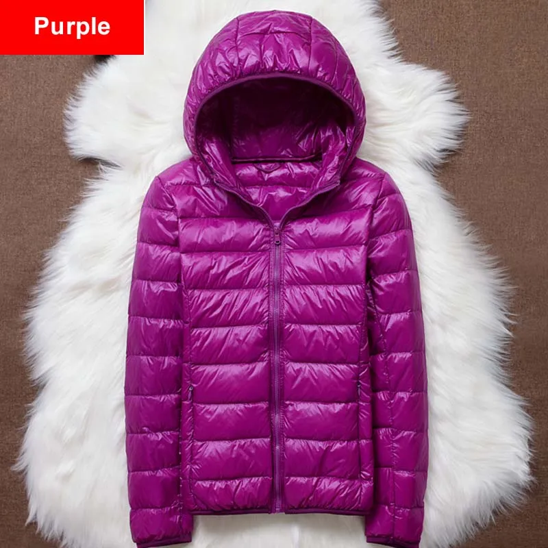 Purple Зимний пуховик размера плюс 4Xl, новинка, ультра-светильник, пуховик на утином пуху, Женское зимнее пальто с капюшоном, длинный рукав, теплый тонкий пуховик, пуховик - Цвет: Purple