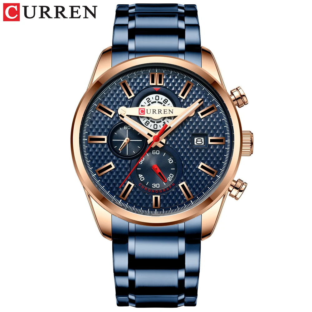 CURREN Модные повседневные спортивные часы мужские Роскошные Кварцевые часы из нержавеющей стали с хронографом и датой светящиеся наручные часы - Цвет: blue watch