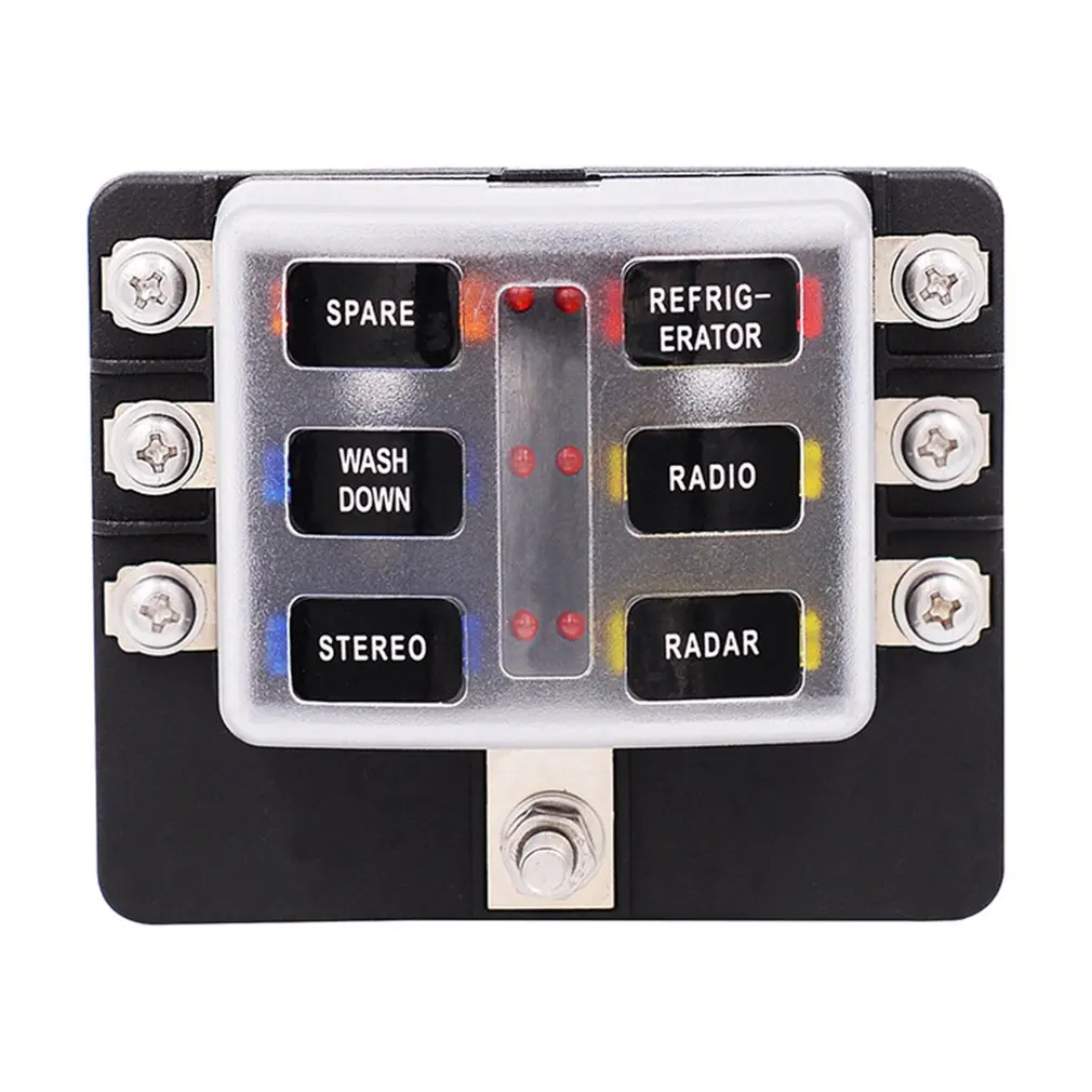 

32V Plastic Cover Fuse Box Holder M5 Stud 6 Ways Blade With LED Indicator Light for Auto Car Boat Marine Trike
