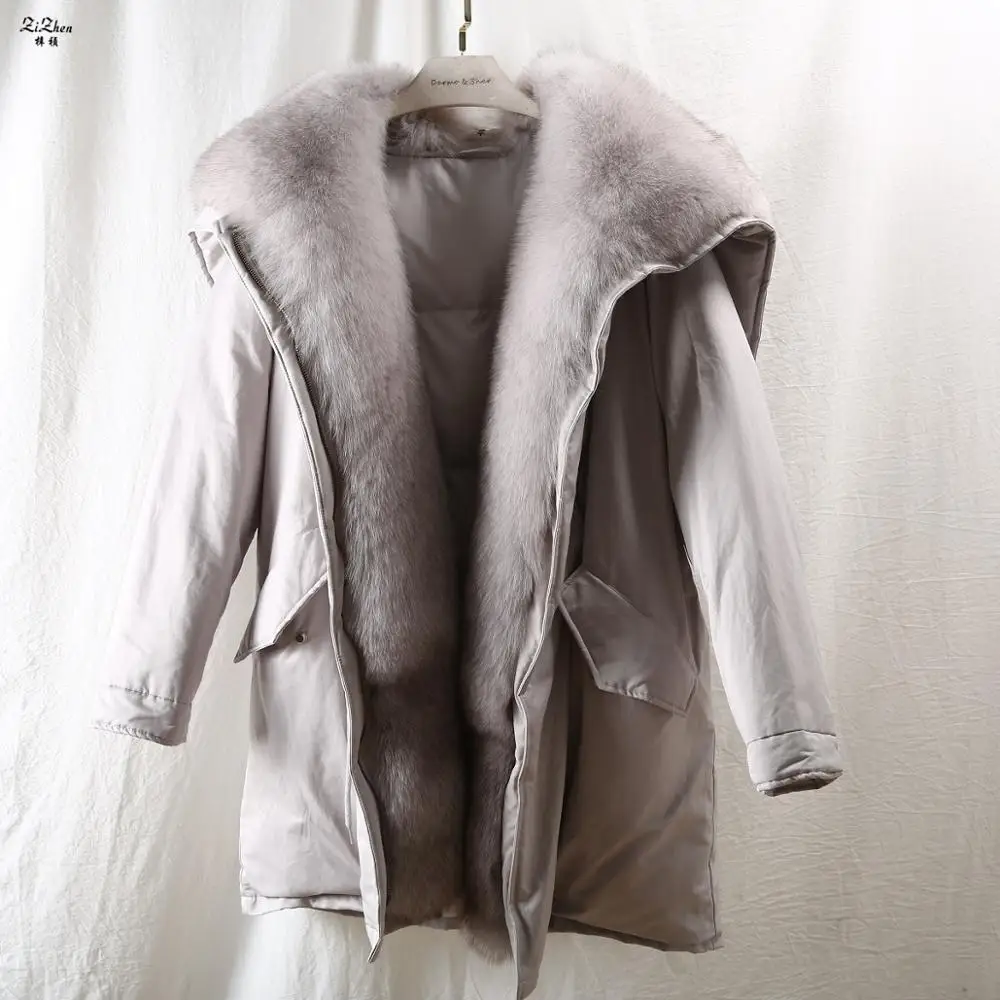 

ZiZhen Down-filled Coat Natural Fox Fur Detachable Zipper Collar&Hood Long Overcoat 190903-2