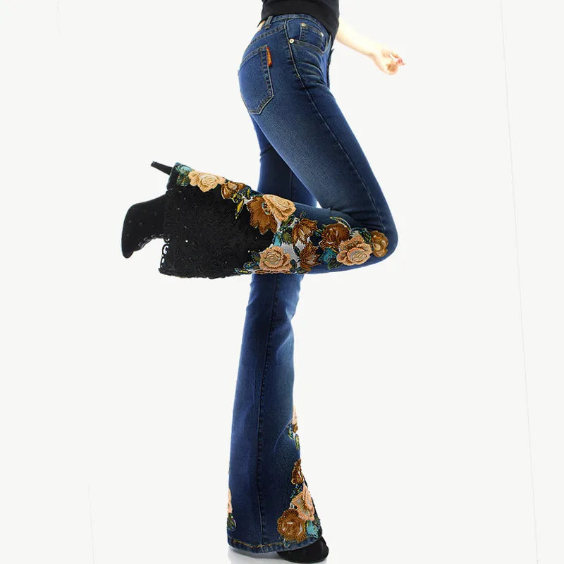 Горячая Распродажа, роскошные расклешенные джинсы с вышивкой, средняя талия, большие расклешенные джинсы, женские сапоги, джинсы ручной работы с вышитыми розами и бисером - Цвет: blue