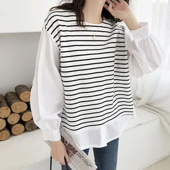 

Casual Fake Two Piece Tee Women T-shirts 2020 Korean Janpan Spring Striped Loose Tops Pullover Tee T-shirt Girls Students