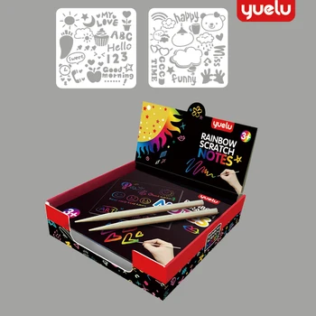 

YUELU 100pcs Rainbow Scratch Paper Card Set with Graffiti Stencil for Drawing Pen Magic Color Scratch Notes DIY Painting Toy Kid