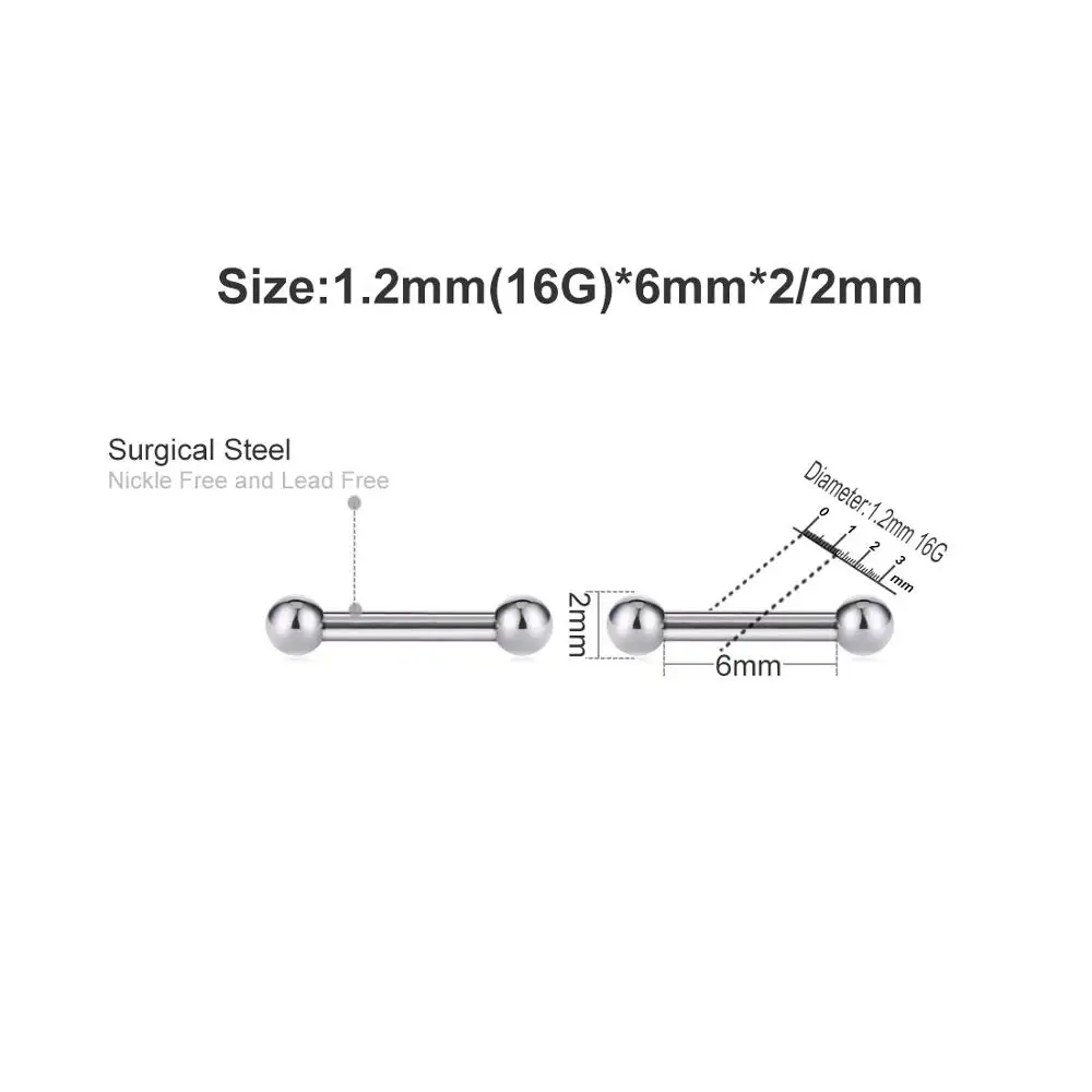 2 шт круглый шарик штанги нос винт ноздри шпильки хирургический стальной Нос Кости Кольцо уха хряща серьги ювелирные изделия для пирсинга тела - Окраска металла: 1.2mm 6mm 2mm