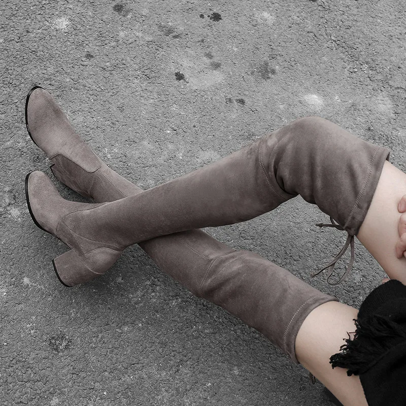 

Lapolaka Brand Design Over The Knee Boots Women Shoelaces Flock Autumn Winter Chunky High Heels Shoes Woman Stretch Boots