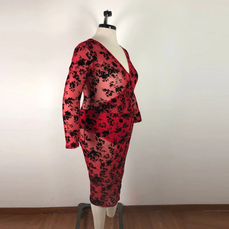 XL-5XL 6XL размера плюс осенне-зимнее платье с v-образным вырезом и длинным рукавом, Сетчатое Прозрачное платье миди с принтом, Сексуальная кружевная одежда для ночного клуба