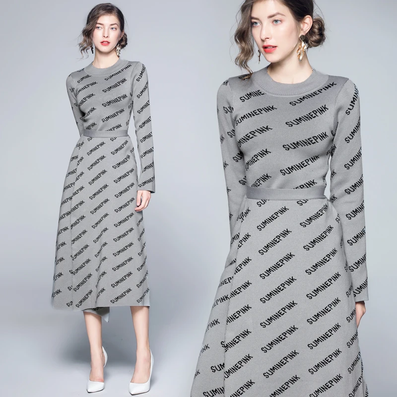Vrouwelijke Slanke Vrouwen Jurk Met Taille Lange Mouwen Brief Print Split Lange Gebreide Grey Herfst Jurken Vrouwelijke Slanke Vrouwen Jurk Met Taille Lange Mouwen Brief Print Split Lange Gebreide Grey Herfst Jurken