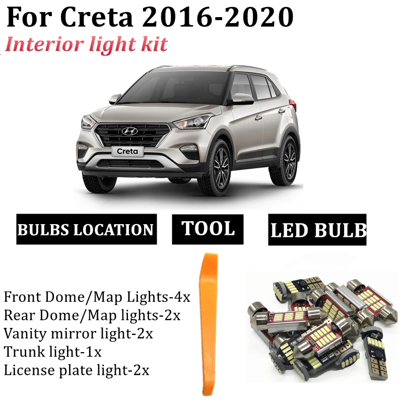 

10x Error Free Car LED bulb Interior Dome Map Light Kit For Hyundai Creta 2015 2016 2017 2018 2019 2020 License plate lamp