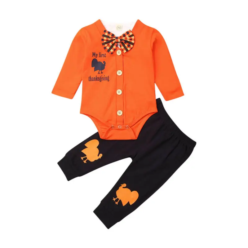 

3Pcs Thanksgiving Baby Boy Turkey Romper+Bow Solid Romper Jumpsuit Long Pants Leggings Set Infant Clothes Outfit 0-24M