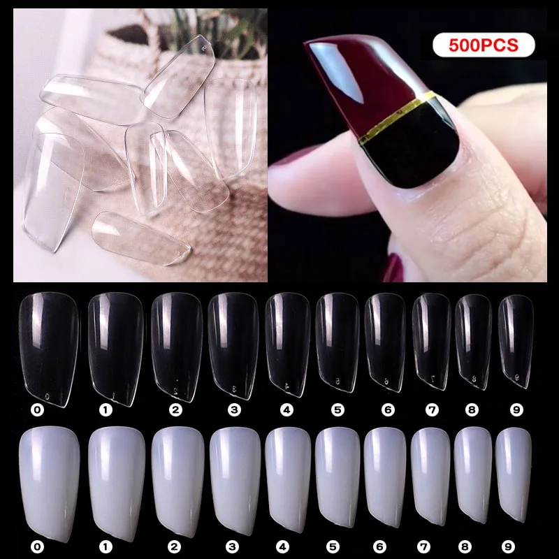 

500Pcs Fake Nails Acrylic Nail Tips Clear Natural Full Cover Bevel Connection Shape Artificial French Nails 10 Size