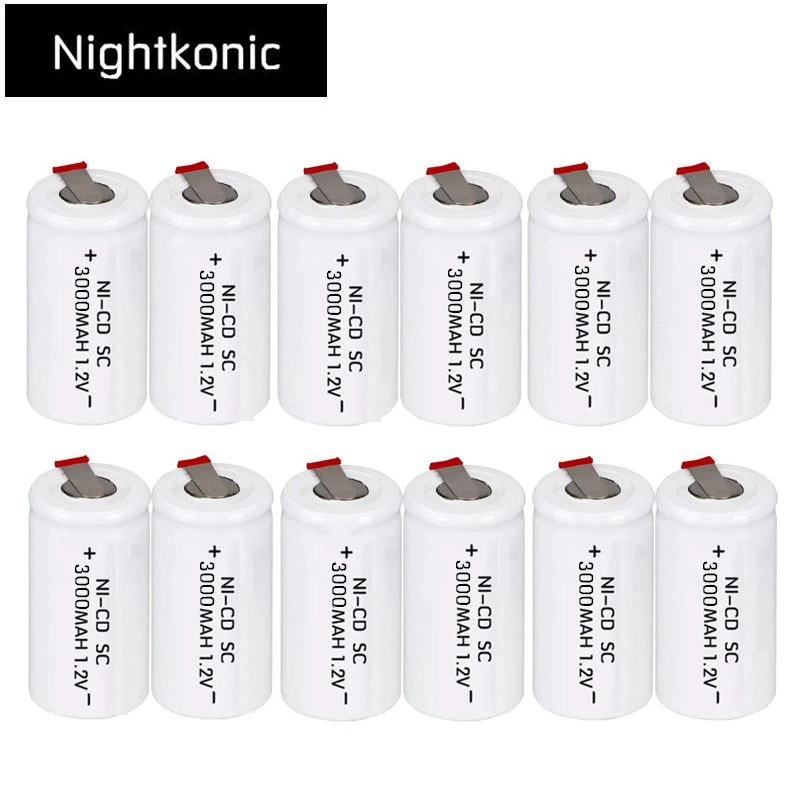 

NIGHTKONIC 12 pcs/lot SC rechargeable battery 3000mAh rechargeable subc battery replacement 1.2 v NI-CD with tab