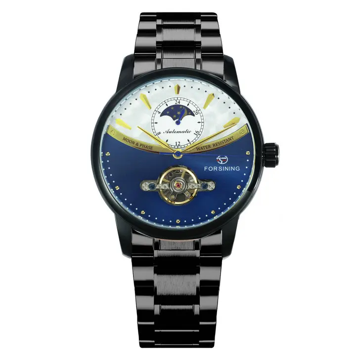 Модные автоматические механические часы со скелетом Tourbillon люксовый брендовый мужской часы Moon Phase ремешок из нержавеющей стали наручные часы - Цвет: BLACK BLUE
