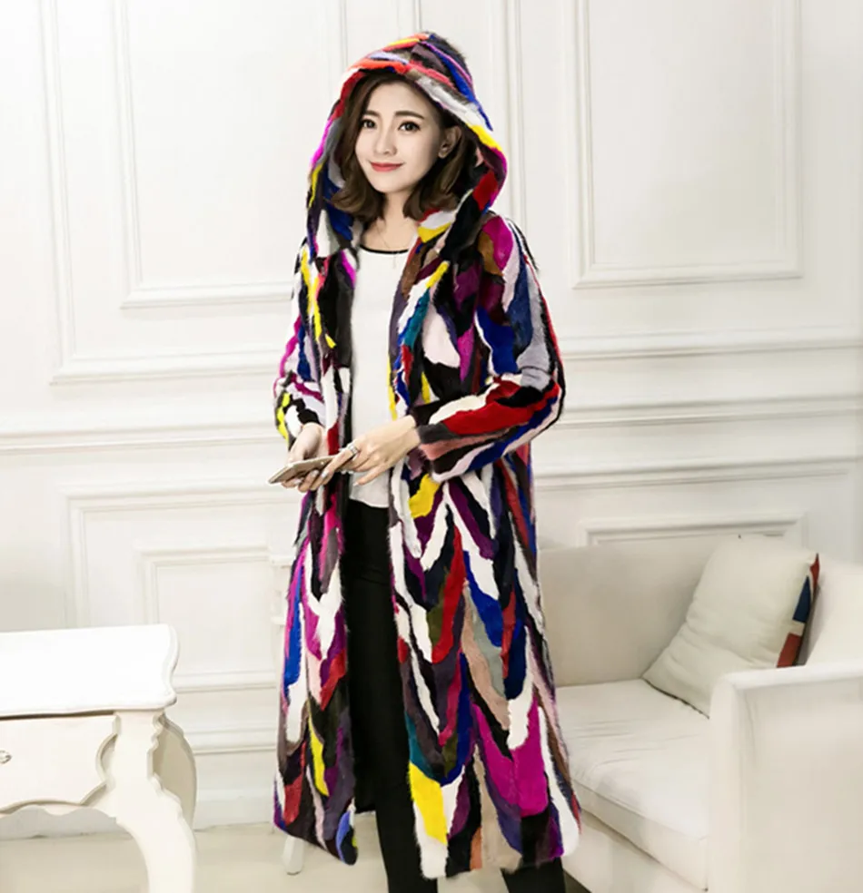 

Women's Natural Real Mink Pieces Fur Coat Hooded Long Oversize 5XL 6XL