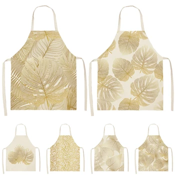 

1Pcs Golden Leaves patterns Cleaning Art Aprons Home Cooking Kitchen Apron Cook Wear Cotton Linen Adult Bibs 53*65cm WQ0127