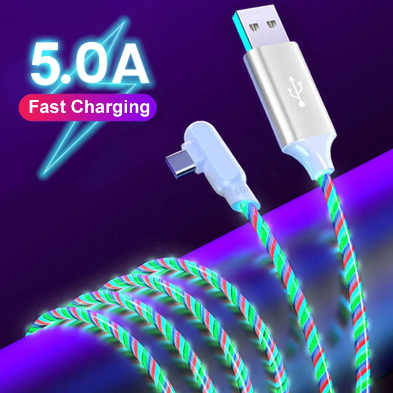 1m/2m 5A Elbow 90 degrees Fast Charging Cable For Samsung Huawei Micro USB Type C Flow Luminous Lighting LED Kable Data Cord fast charging cable for android