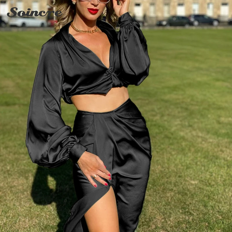 Traje Sexy de satén mujer, blusa corta manga larga abombada, falda larga con abertura alta Irregular, traje de dos piezas para fiesta, 2021|Vestidos| - AliExpress