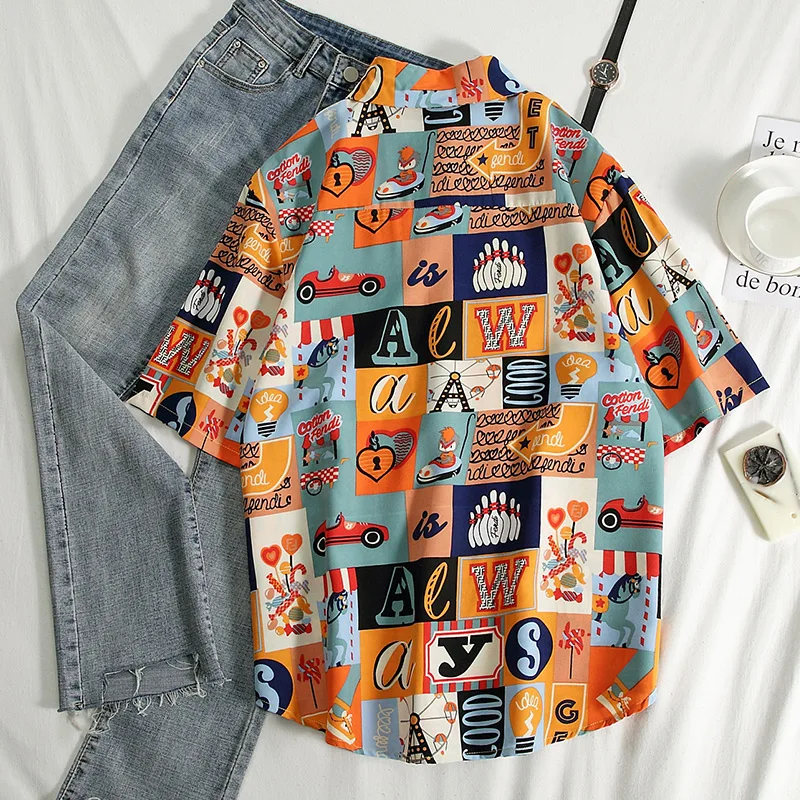 Casual Summer Shirts Women 2020 Boho Cartoon Print Stretch Beach Shirt Ladies Tunic Loose Party Blouses Woman Red Tops Plus Size