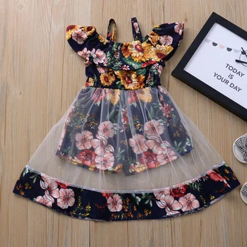 

2020 0-4Y New Summer Style Baby Girl Dress Clothes Children Flower Party Dresses Mesh Gauze Dress Off Shoulder Strap Dresses