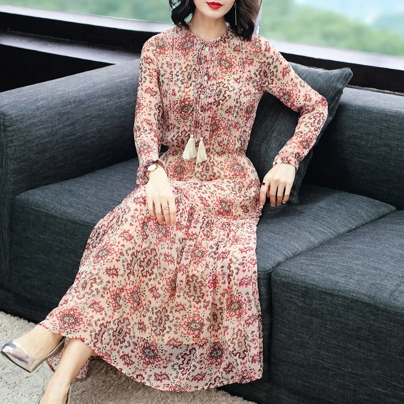 

Women's Spring Summer Real Silk Dress Floral Boho Beach Long Maxi Dresses Elegant Long Sleeve Dress Women Clothes 2020 KJ2083