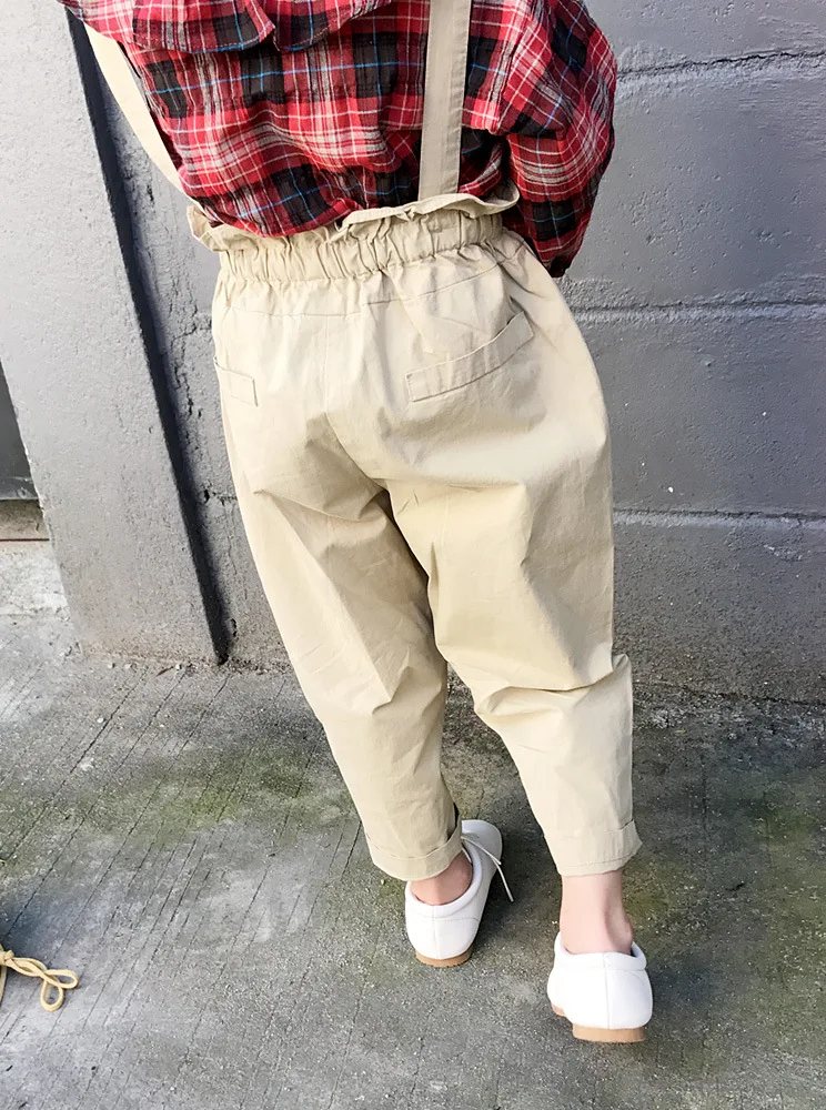 new autumn item girl fashion suit including plaid shirt+suspender pant 2pcs per set