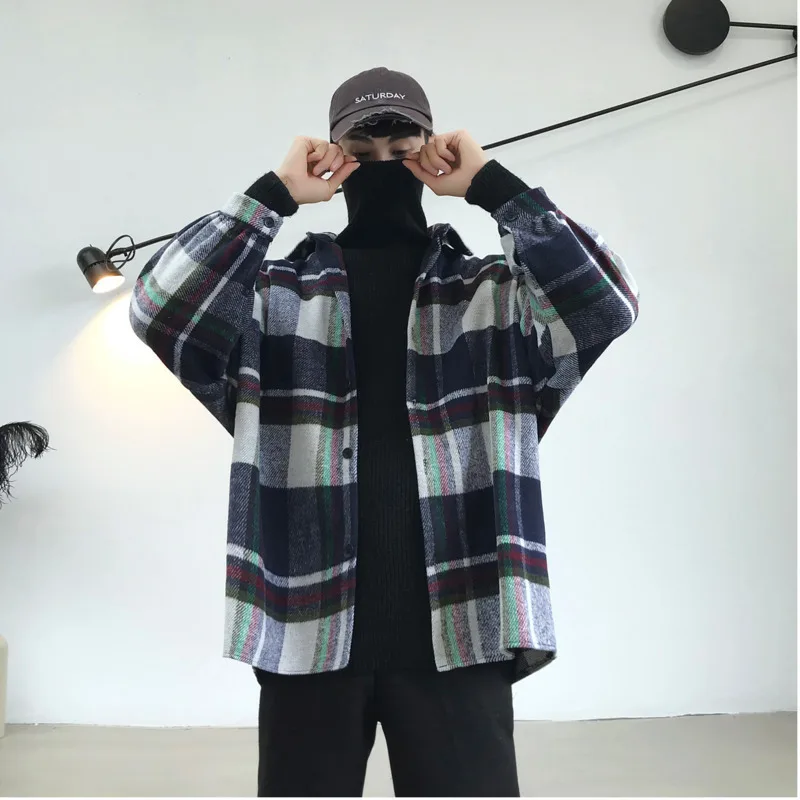 Весна и осень Hong стиль модная повседневная рубашка мужская трендовая Свободная куртка на плечо темно-синий/сплошной цвет S-2XL
