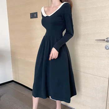 

New Dress 2020 Women Sexy Elegant Spring And Autunm Knitting Sweet Delicate V-neck Empire Waist Female Dresses