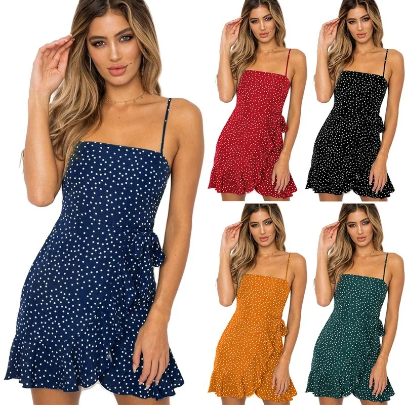 

Women Summer clothes for beach Dress Sleeveless Dot Print Cascading Ruffle Strap Dress Party Fashion 2019 NEW