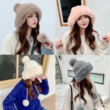 

Winter Women's Cotton Cashmere Wool Ball Thickening Cold Proof Warm Pullover Cap Three Fur Ball Cute Velvet Knitted Women Hats