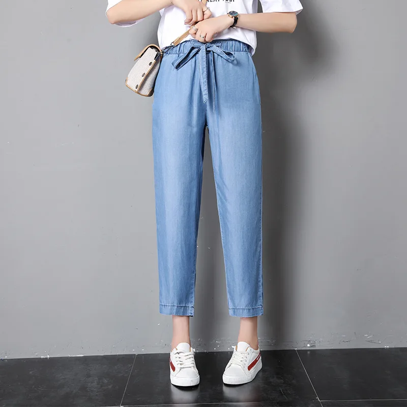 Jeans Woman High Waist Tencel Elastic Waist Thin Loose Harem Ankle-Length Pants Jeans Women 2020