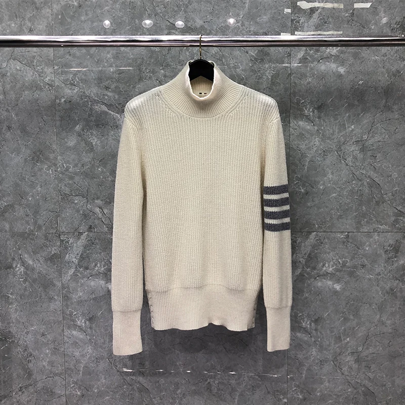 TB THOM Sweater Autunm Winter Sweaters Male Fashion Brand Men's Clothing Wool 4-Bar Stripe Turtleneck Knit White TB Sweaters