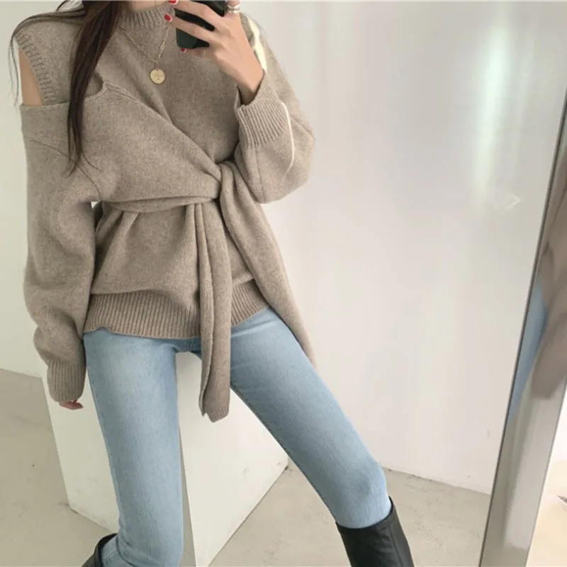 Neploe Pull Femme, длинный рукав, сексуальный пуловер без бретелек, свитер на шнуровке, вязаный джемпер, корейский стиль, Элегантные вязаные топы 56496